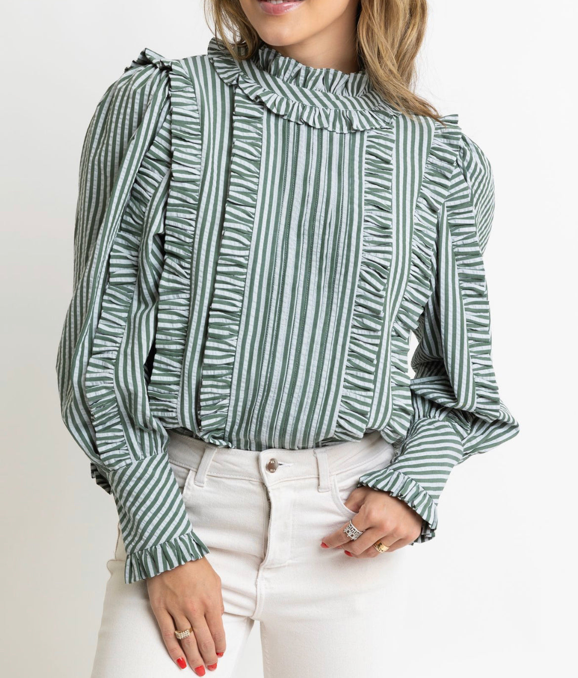 Karlie - Stripe Pleat Ruffle Blouse