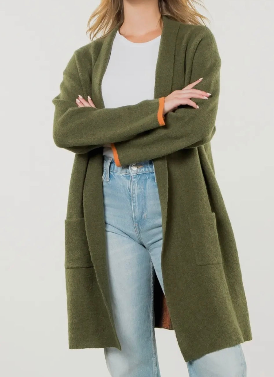 THML - Olive Green Striped Midi Cardigan