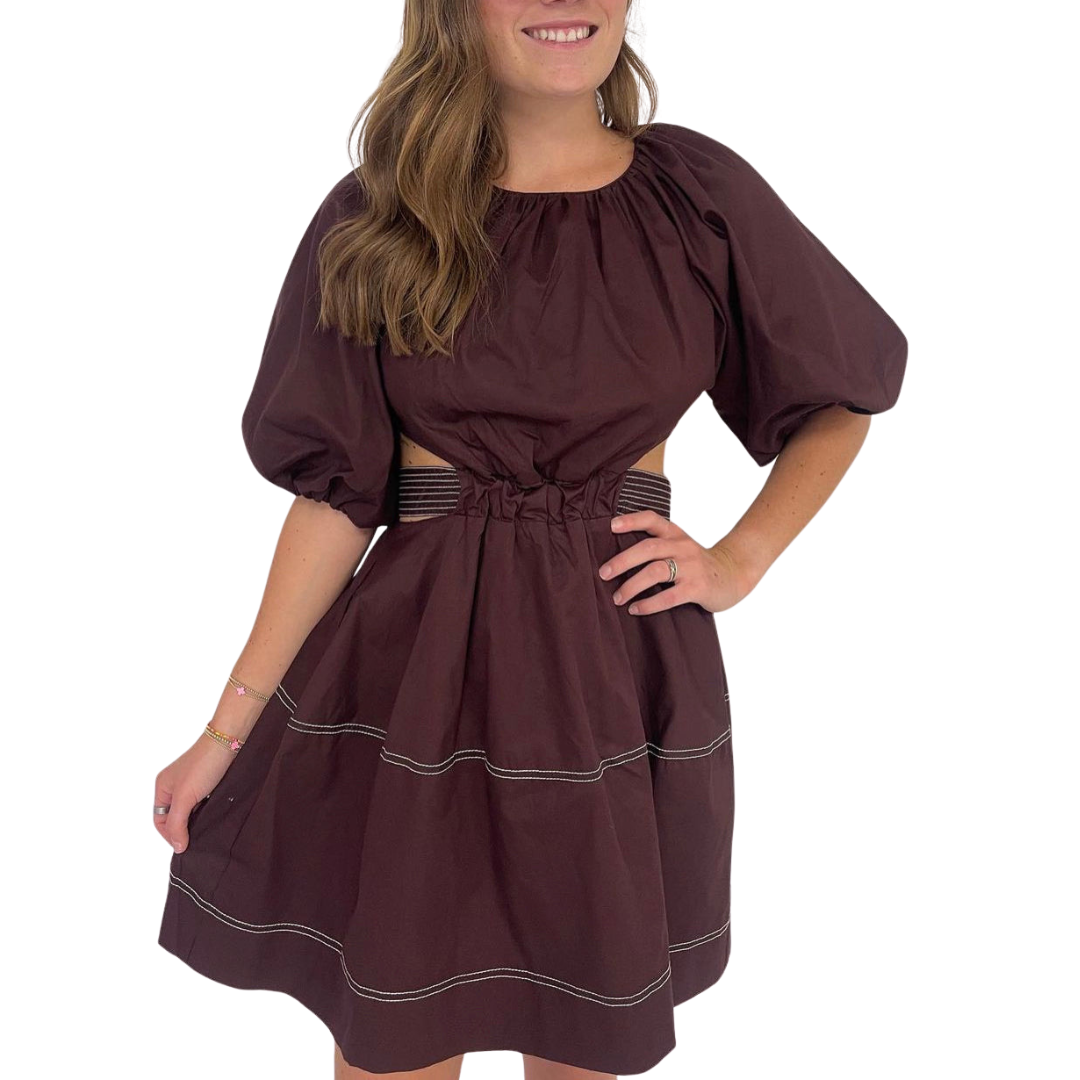 Garnet Puffed Sleeve Cut Out Mini Dress