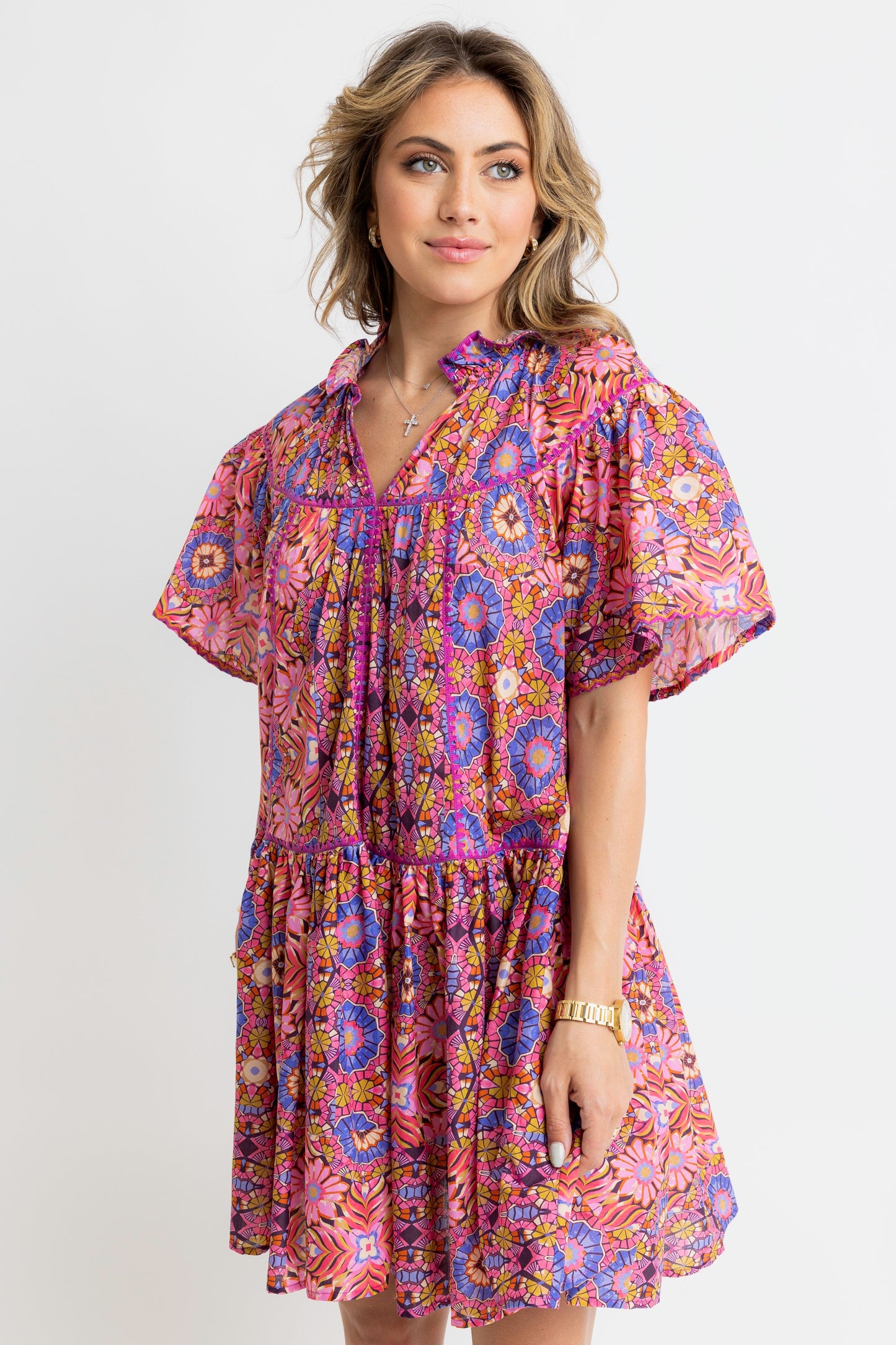 Karlie - Kaleidoscope Vneck Emb Trim Tier Dress