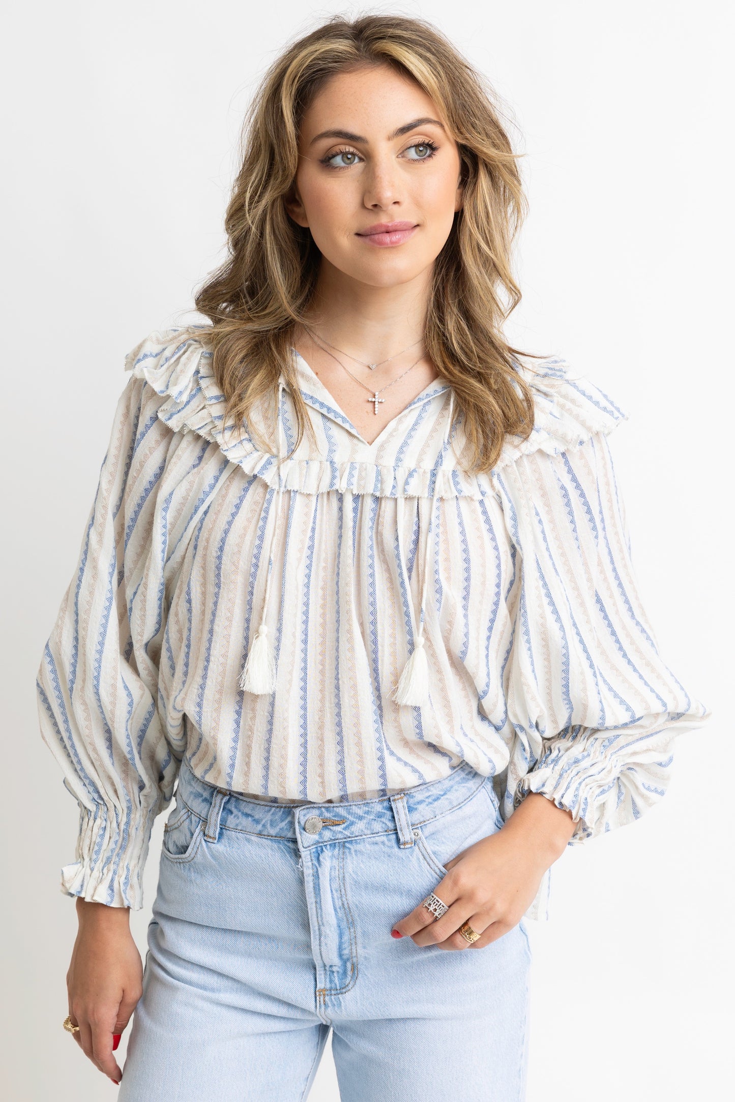 Karlie - Stripe Nuetral Vneck Blouse