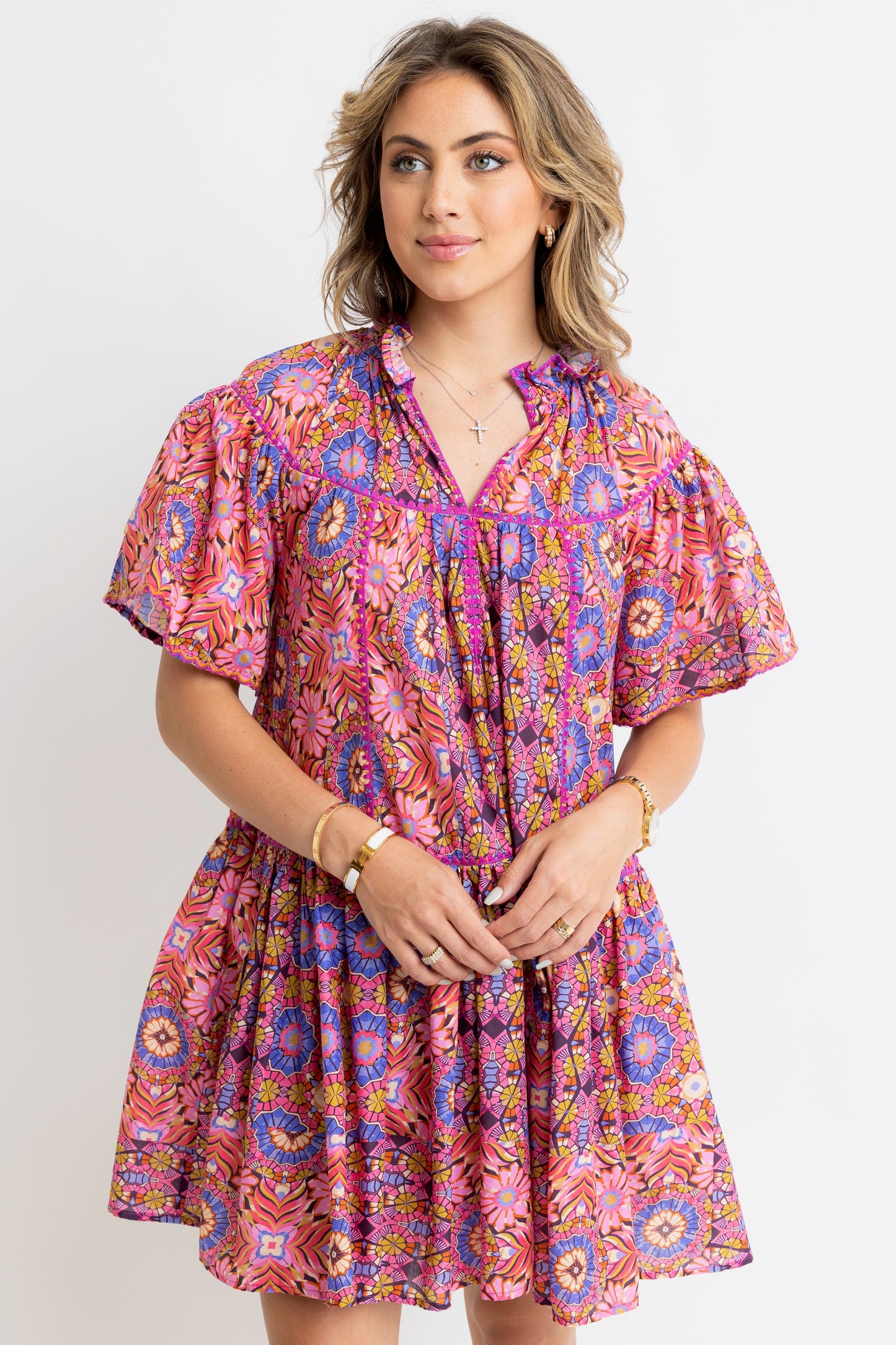 Karlie - Kaleidoscope Vneck Emb Trim Tier Dress