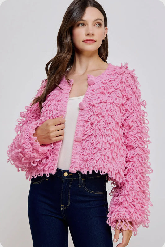 Pink Fringe Shaggy Cardigan