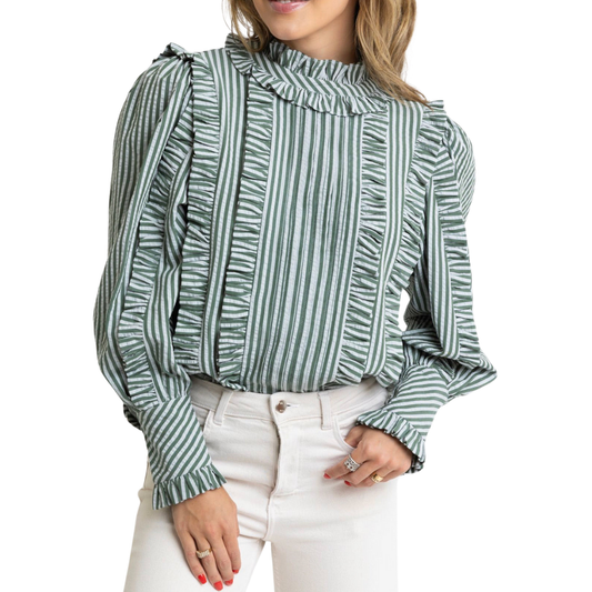 Karlie - Stripe Pleat Ruffle Blouse