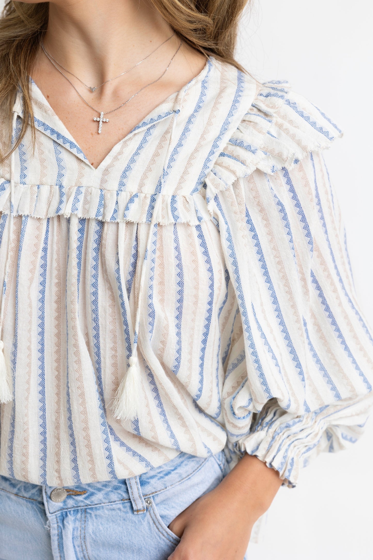 Karlie - Stripe Nuetral Vneck Blouse