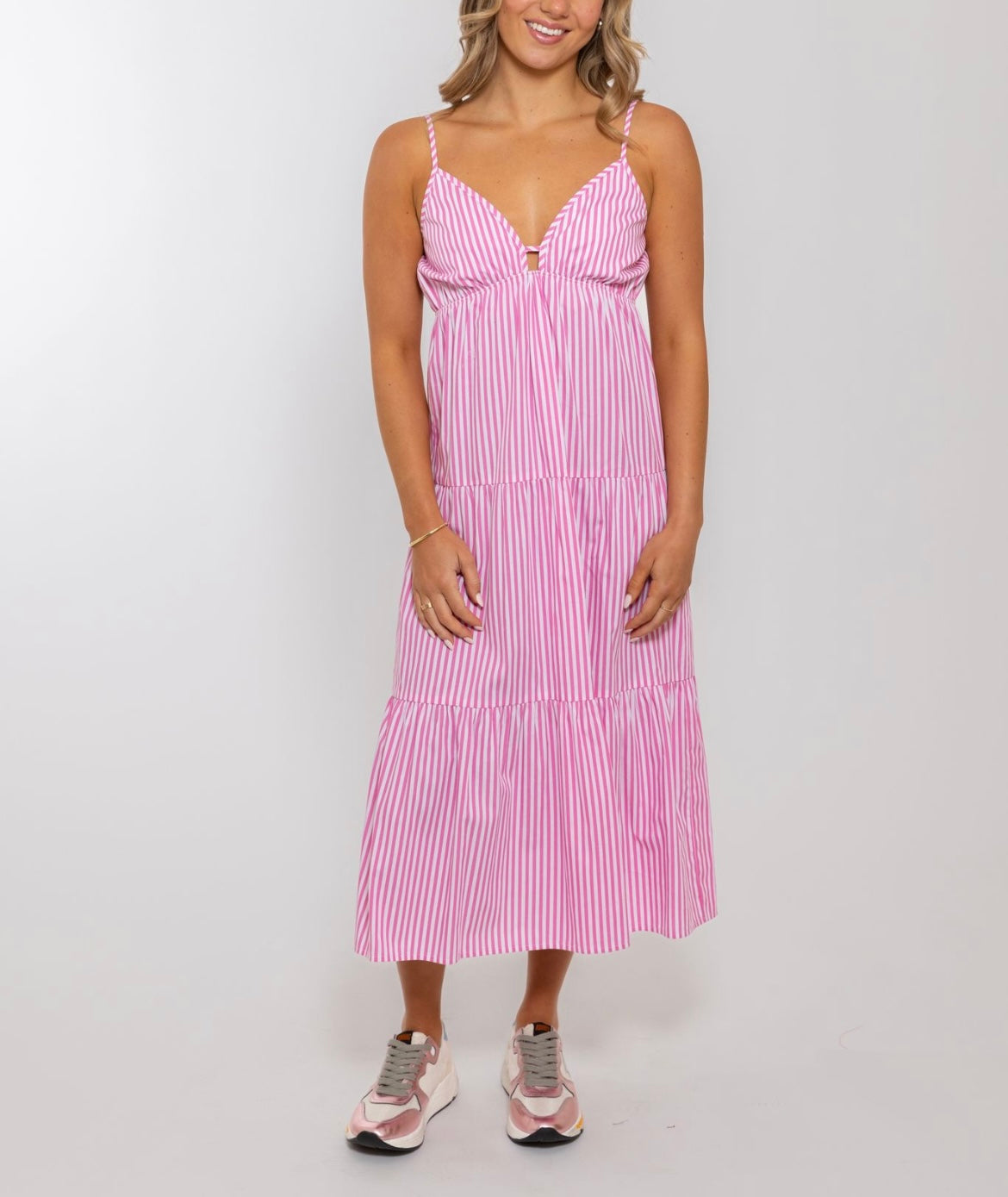 Karlie - Stripe Poplin Cami Tier Midi Dress