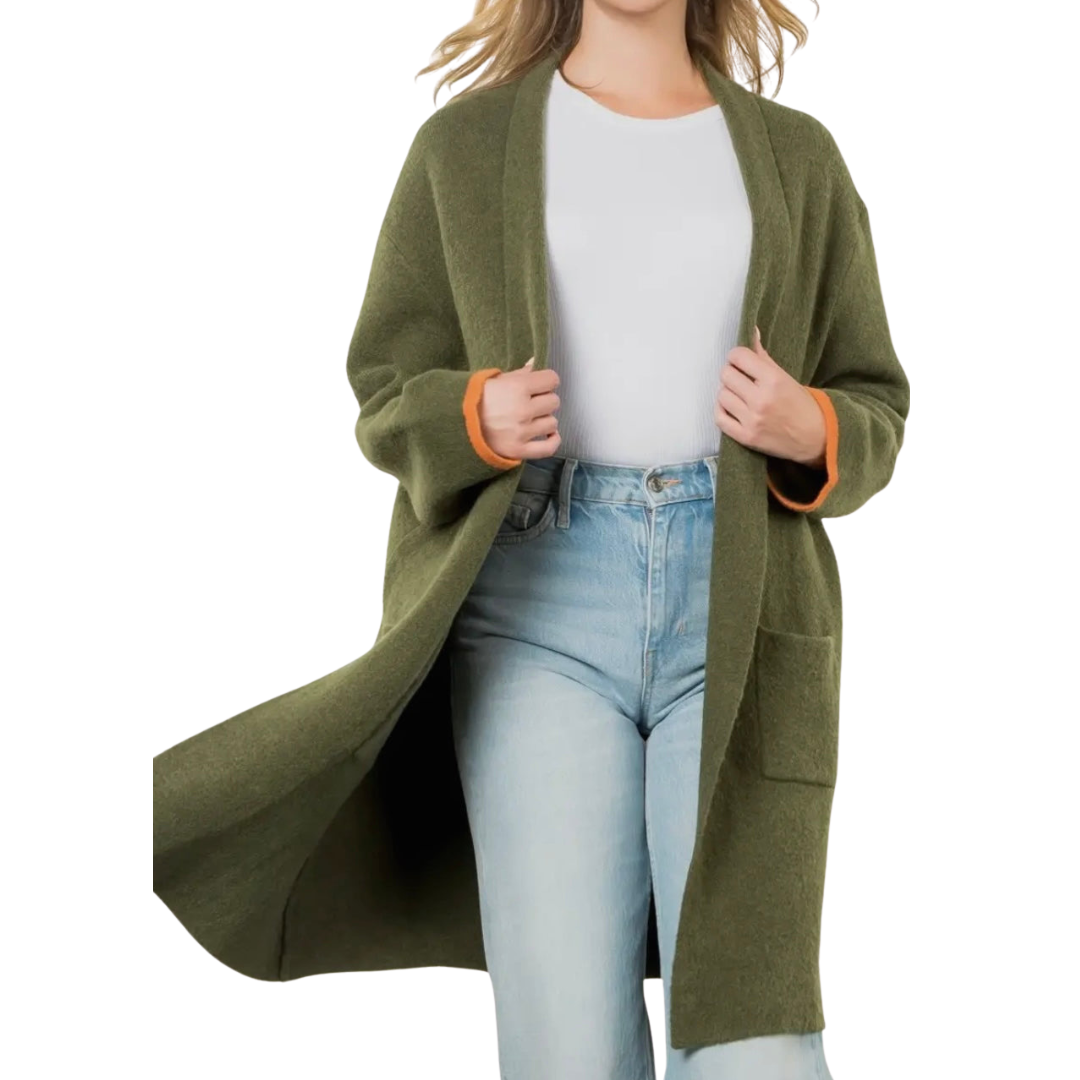 THML - Olive Green Striped Midi Cardigan