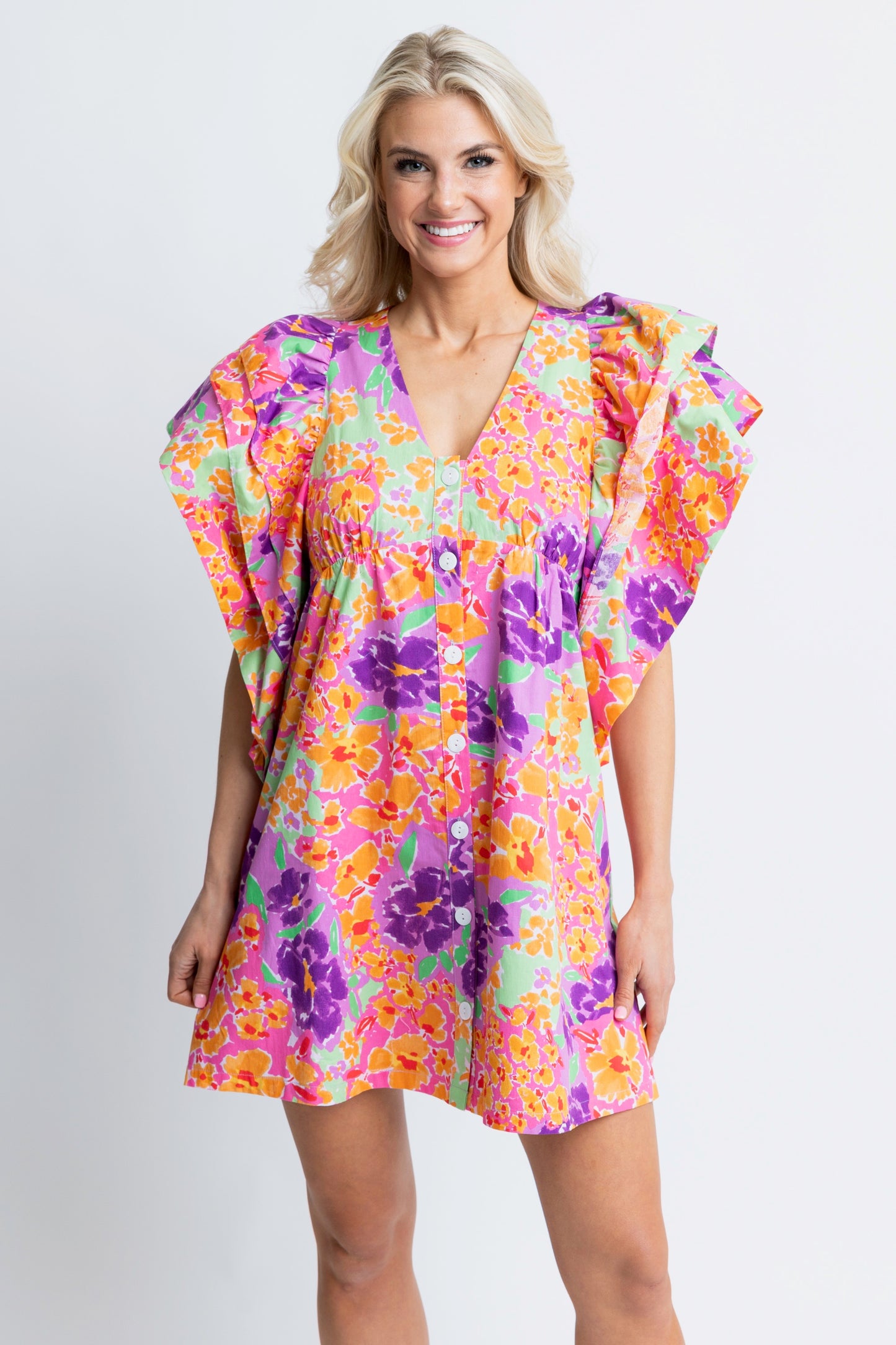 Karlie - Floral Garden VNeck Ruffle Button Dress