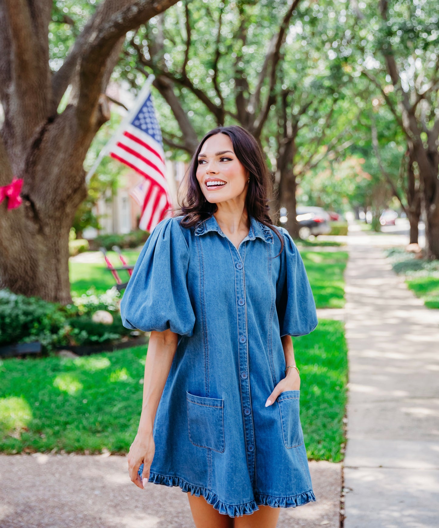 Karlie - Denim Ruffle Pocket Dress