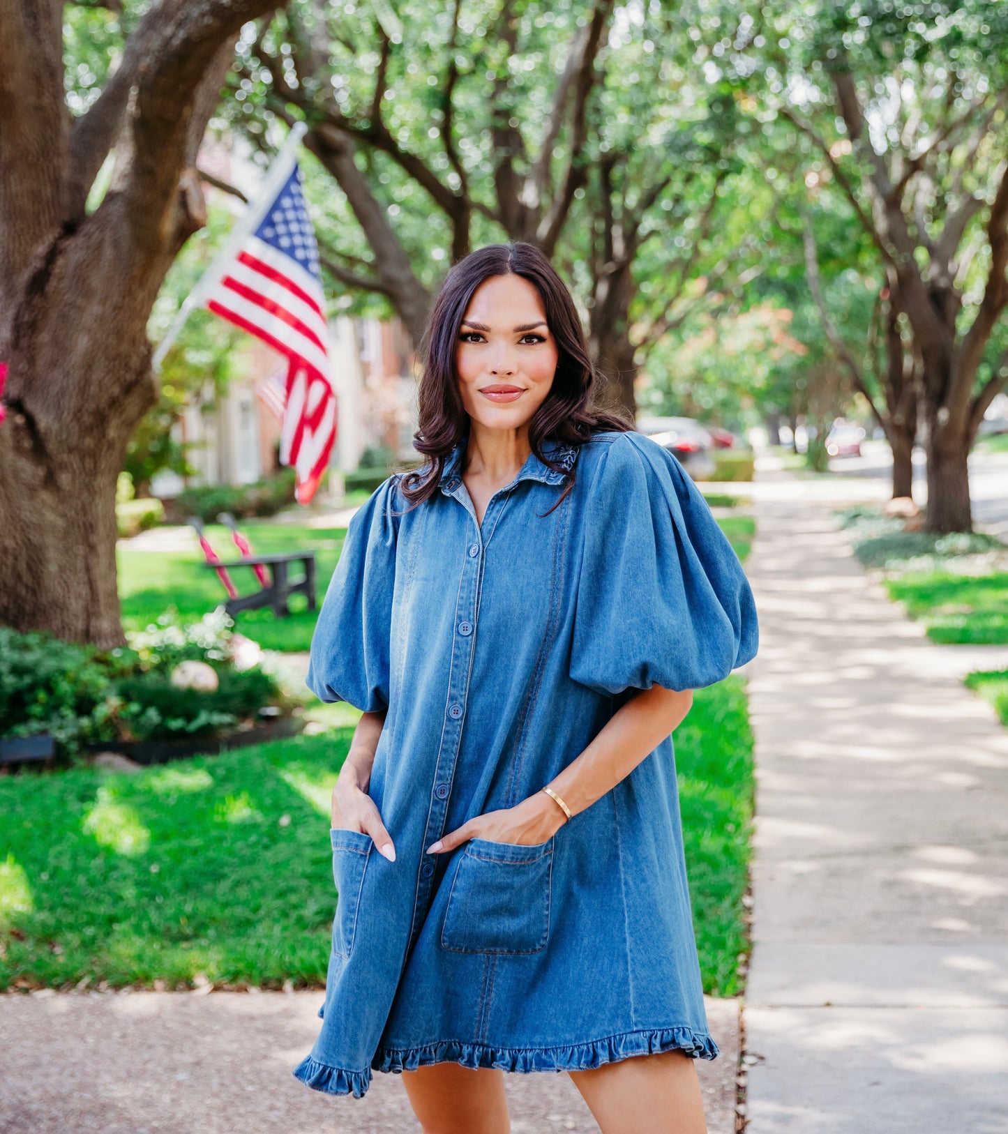 Karlie - Denim Ruffle Pocket Dress