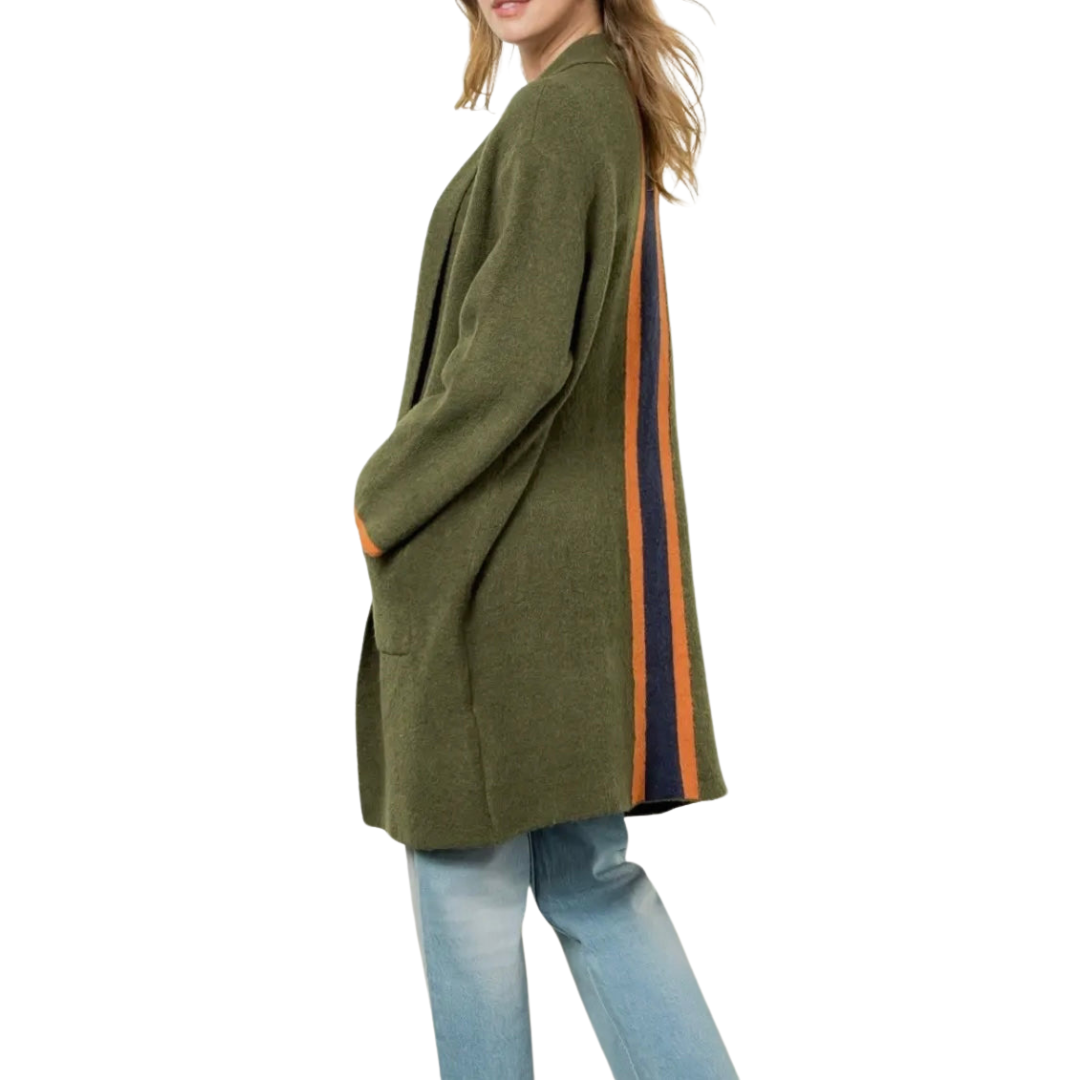 THML - Olive Green Striped Midi Cardigan