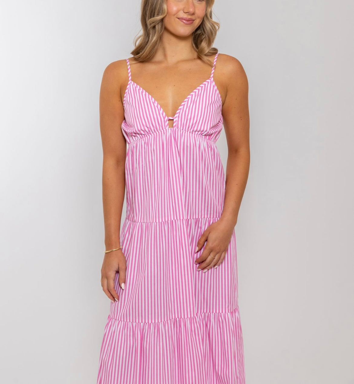 Karlie - Stripe Poplin Cami Tier Midi Dress