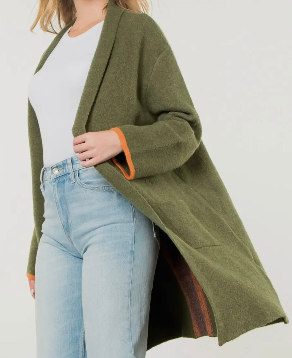 THML - Olive Green Striped Midi Cardigan