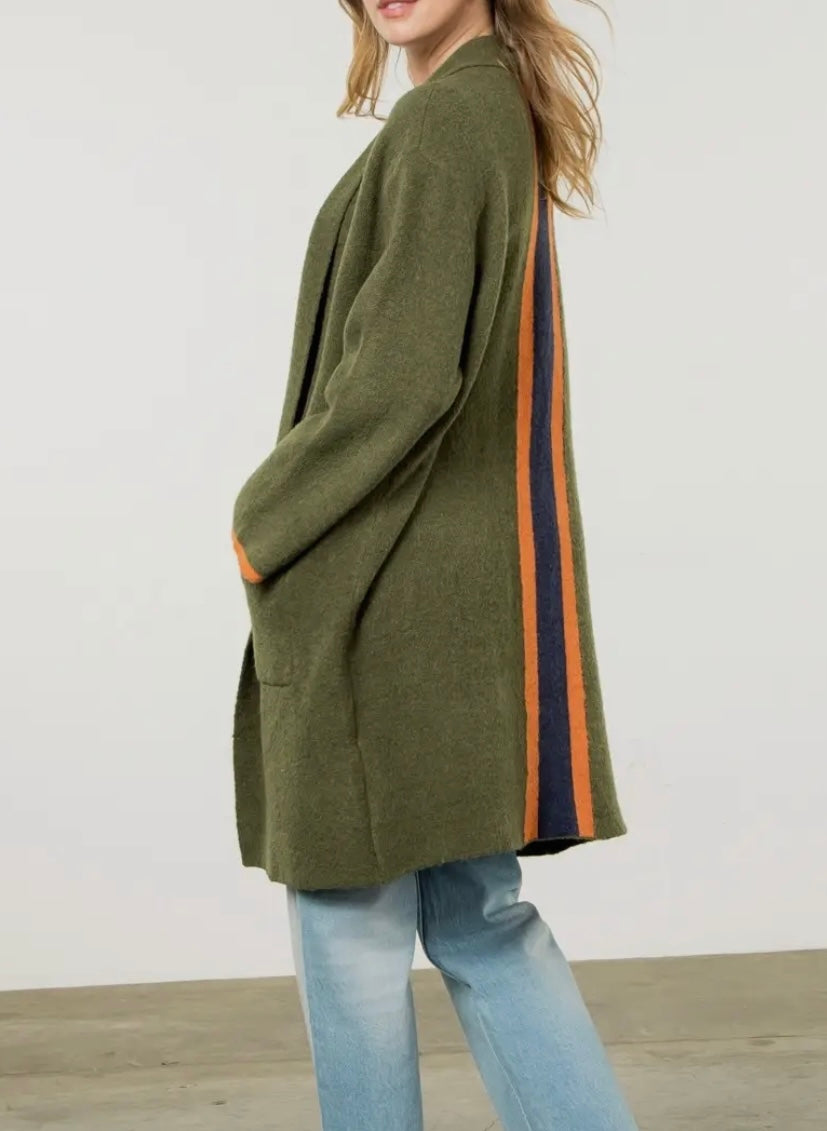 THML - Olive Green Striped Midi Cardigan