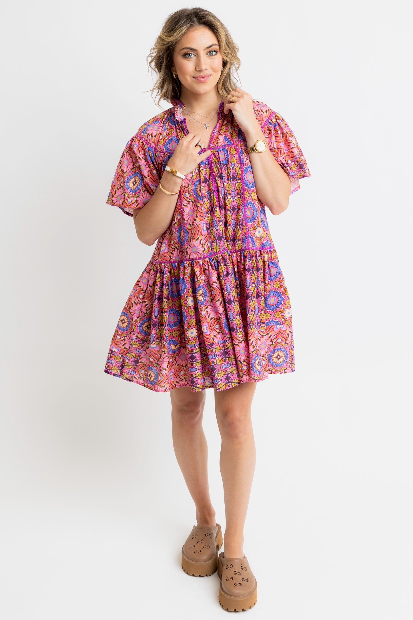 Karlie - Kaleidoscope Vneck Emb Trim Tier Dress