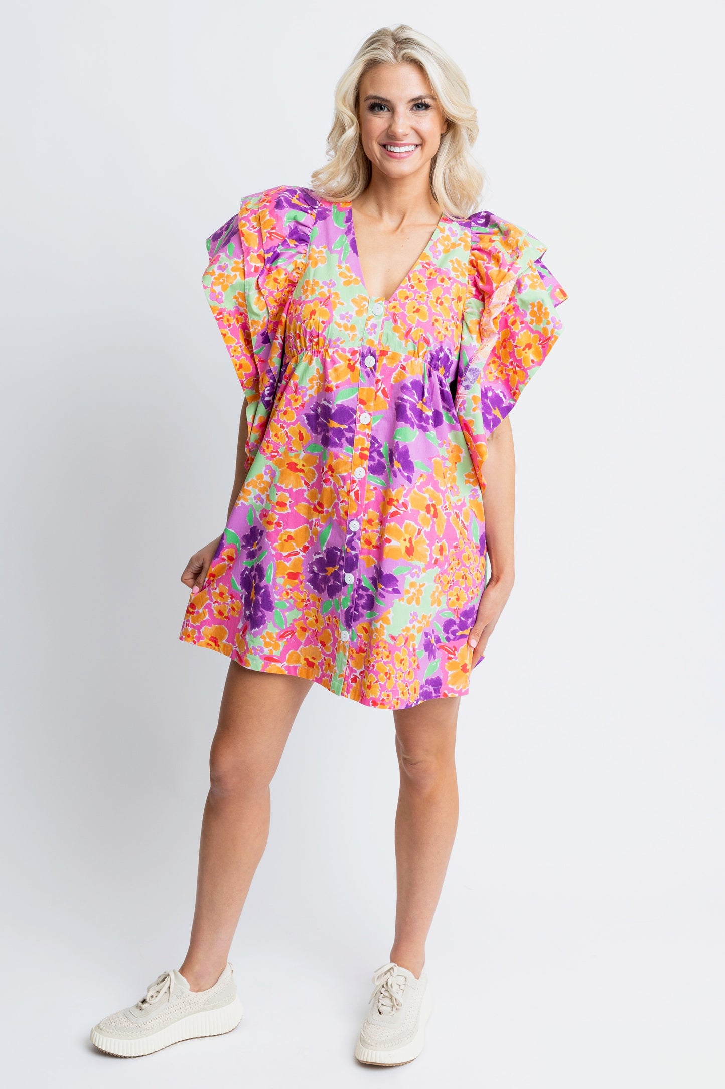 Karlie - Floral Garden VNeck Ruffle Button Dress