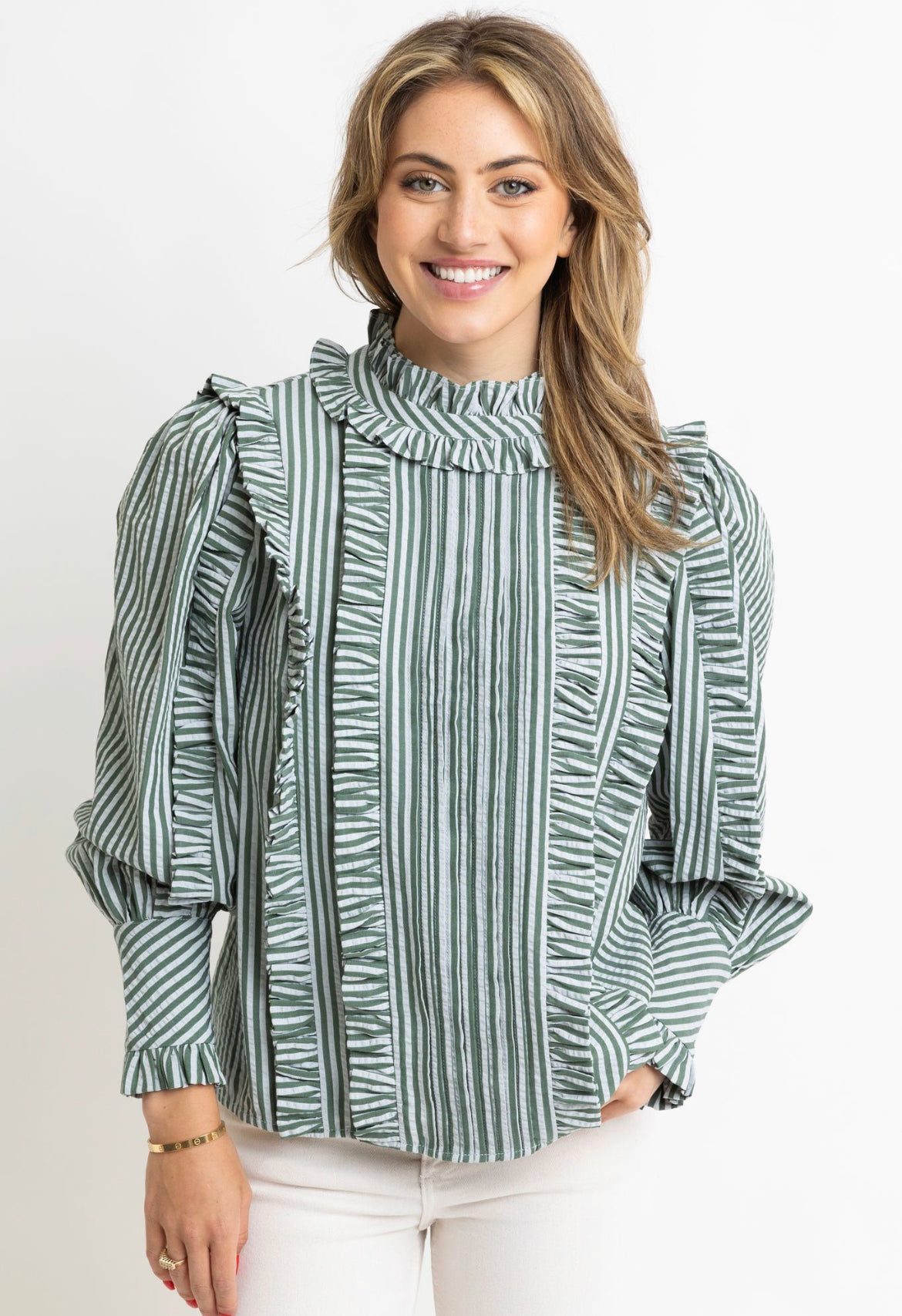 Karlie - Stripe Pleat Ruffle Blouse