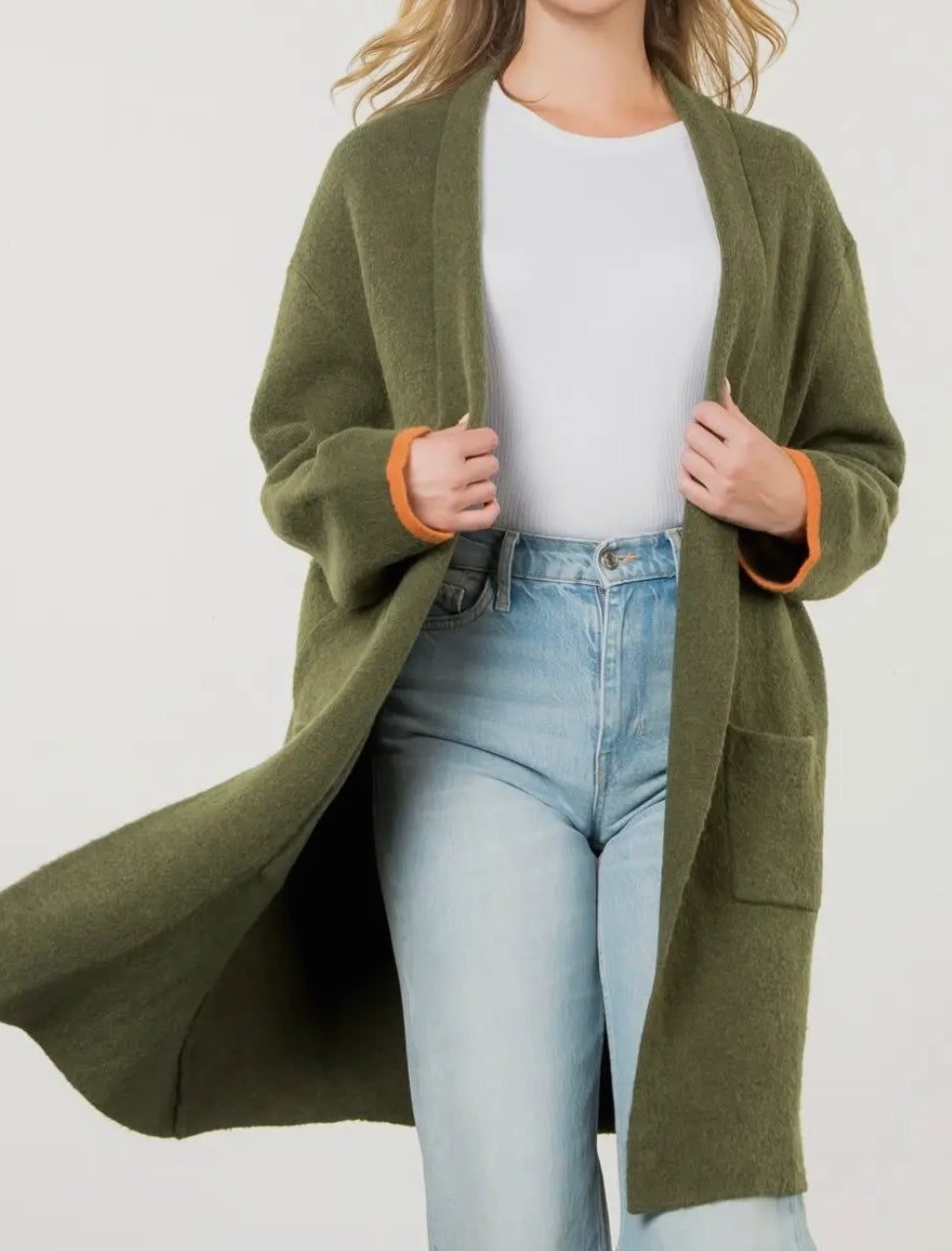 THML - Olive Green Striped Midi Cardigan