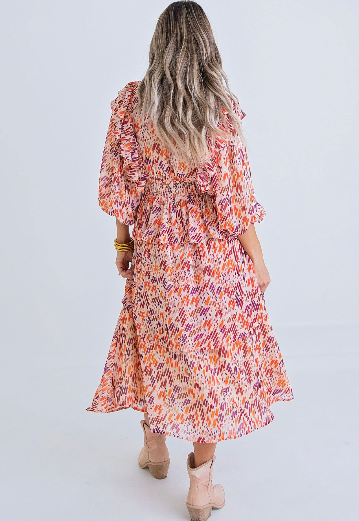 Karlie - Multi Abstract Vneck Ruffle Midi Dress