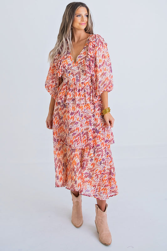 Karlie - Multi Abstract Vneck Ruffle Midi Dress