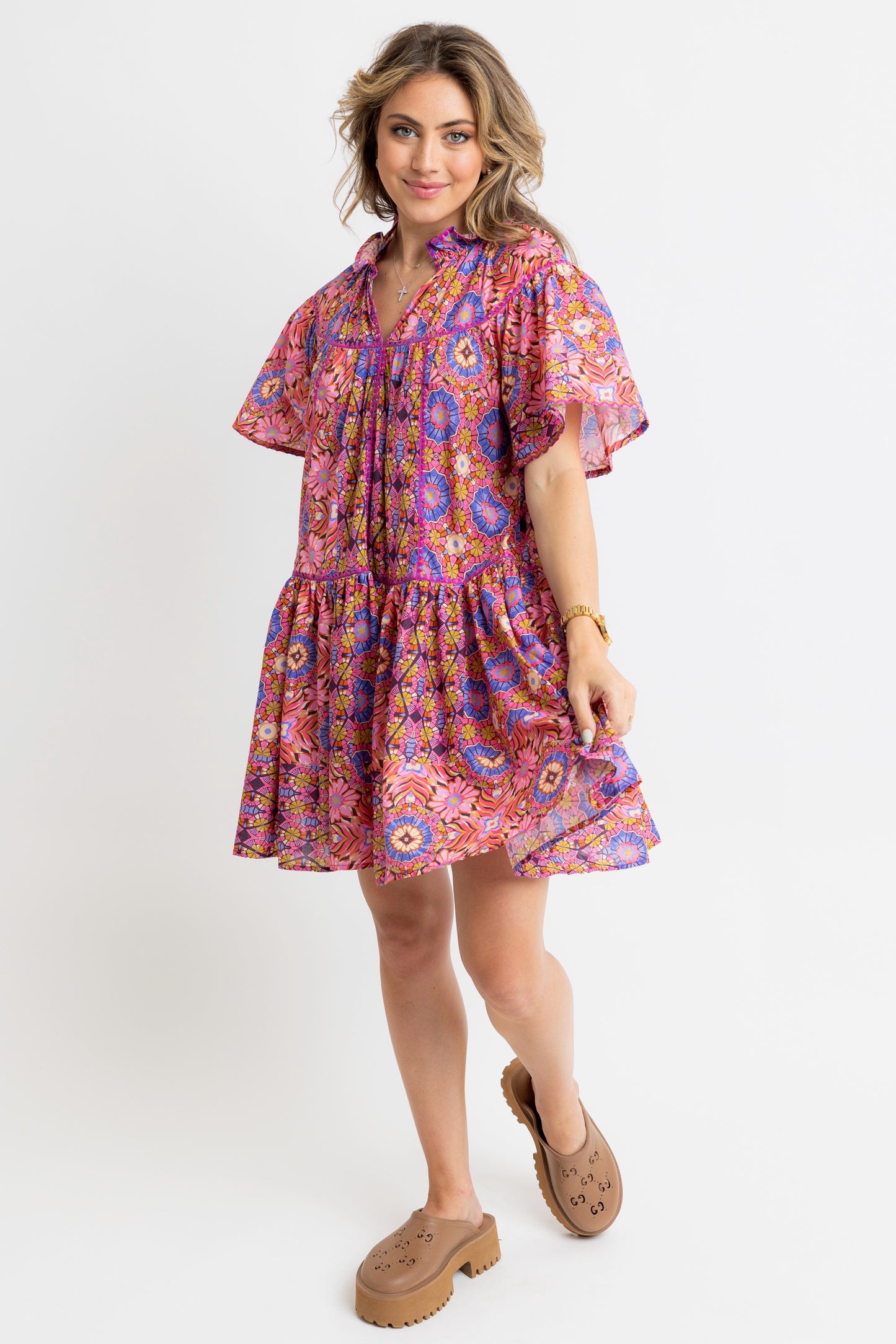 Karlie - Kaleidoscope Vneck Emb Trim Tier Dress