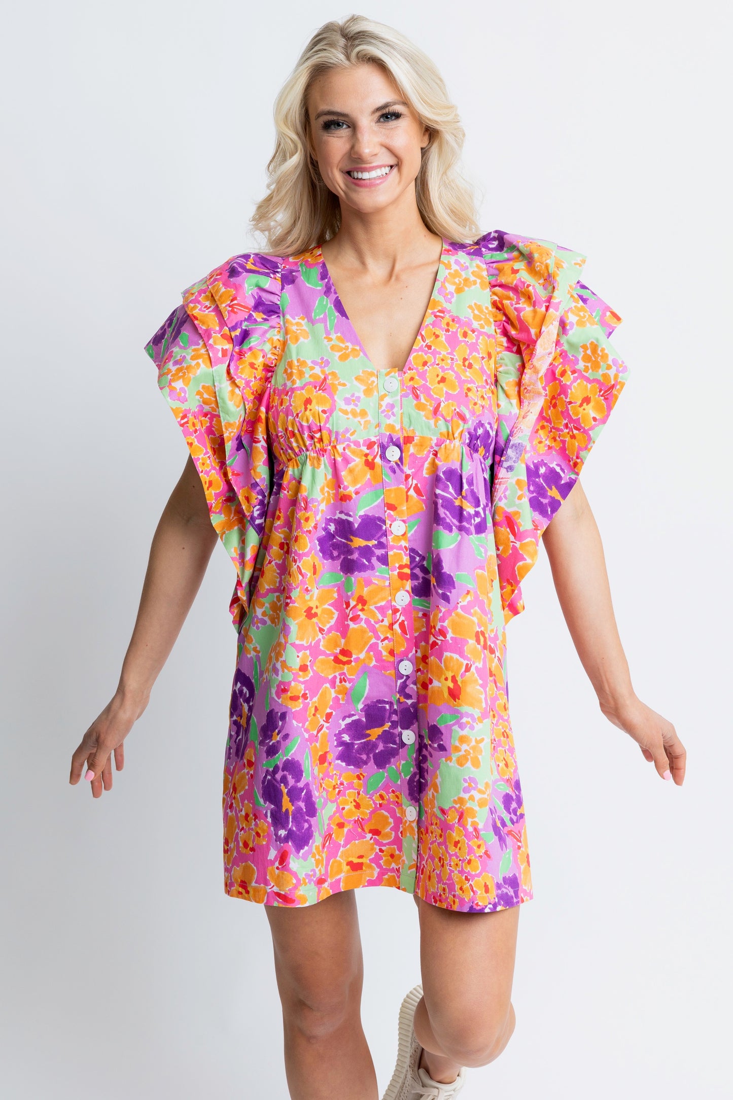 Karlie - Floral Garden VNeck Ruffle Button Dress