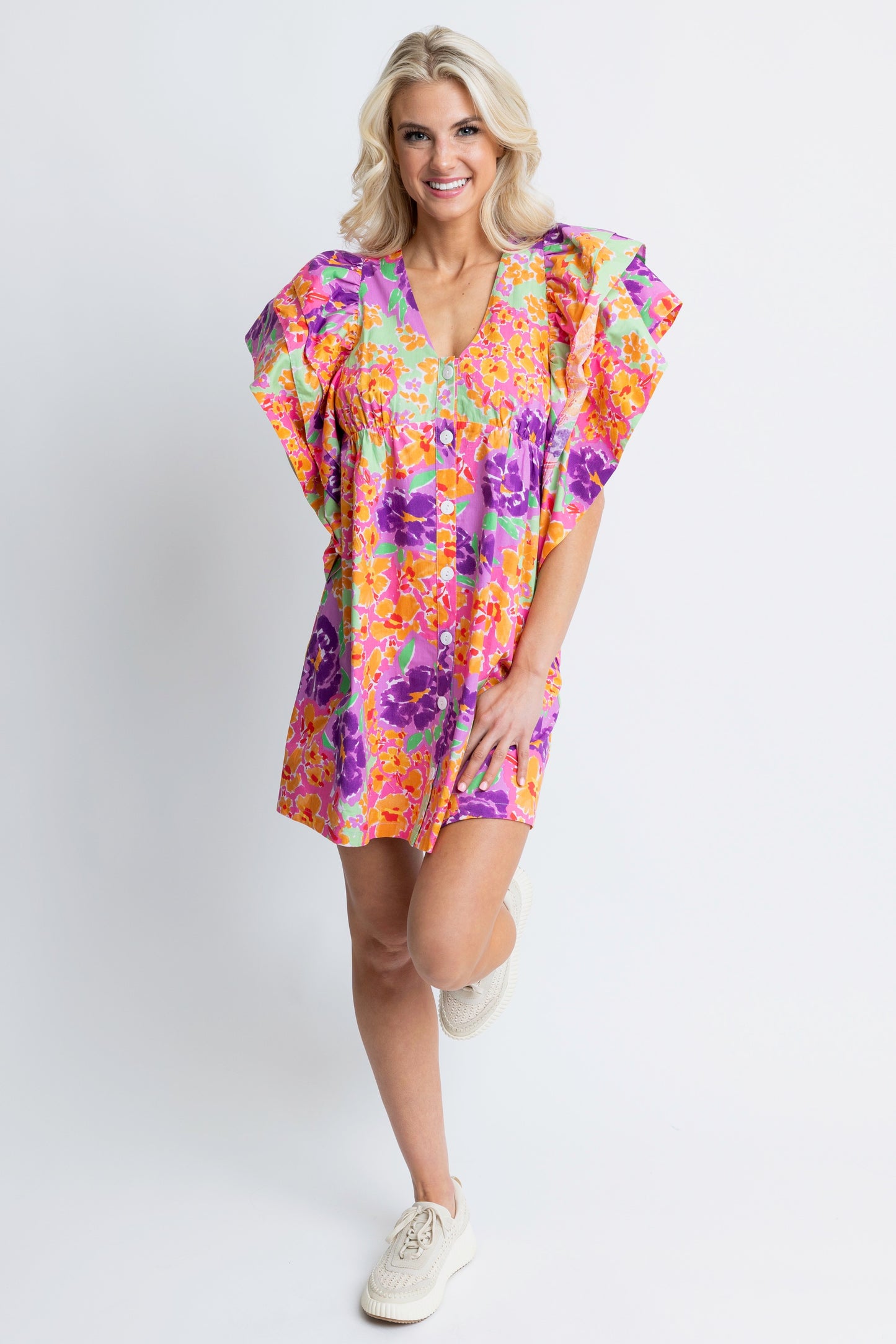 Karlie - Floral Garden VNeck Ruffle Button Dress