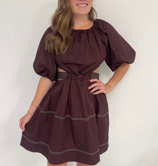 Garnet Puffed Sleeve Cut Out Mini Dress