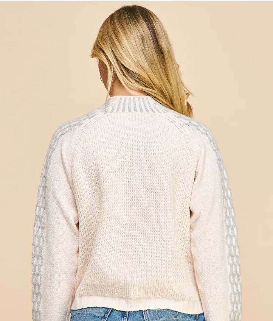 Mock Neck Sweater Top - Cream and Blue