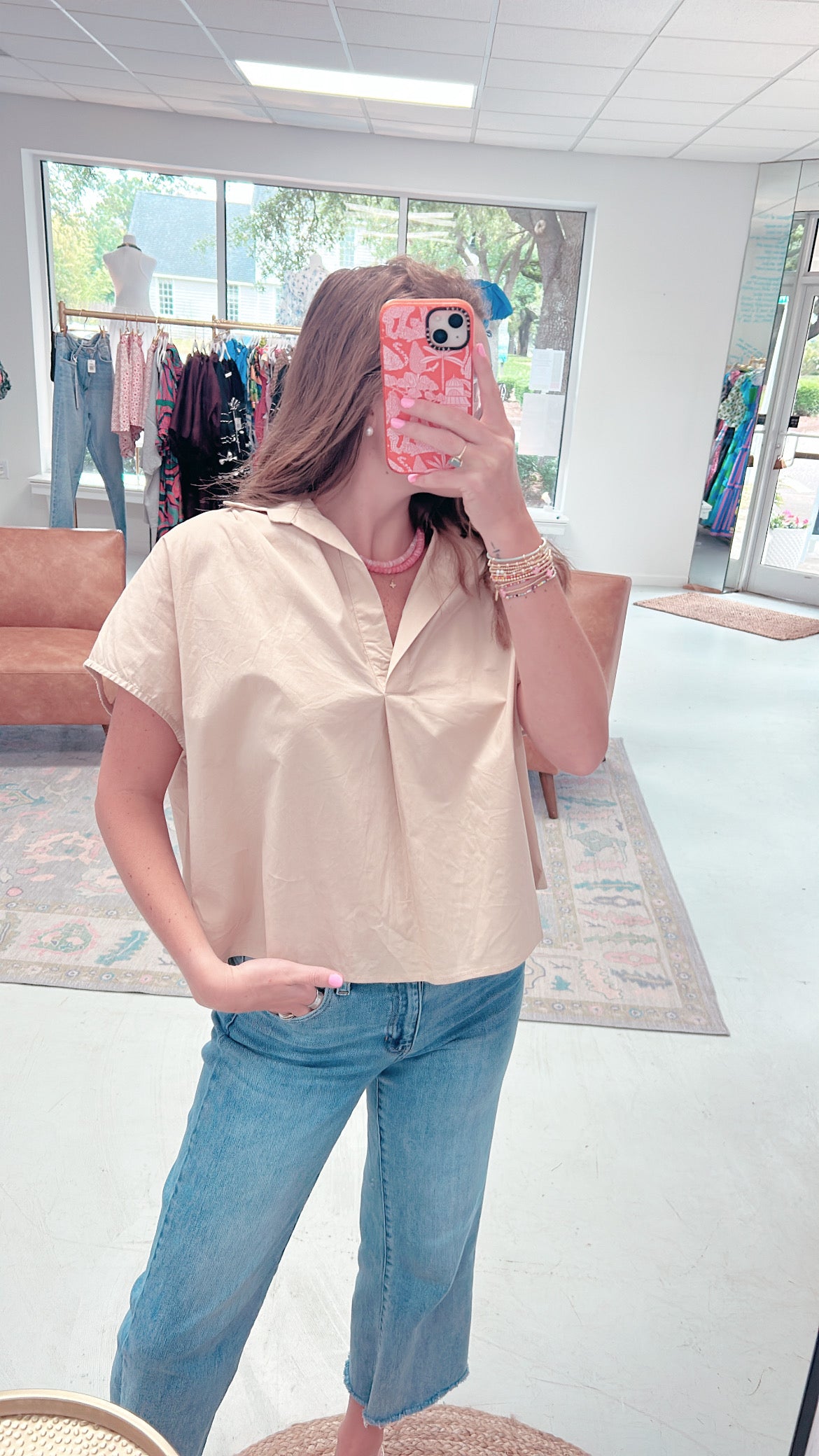 Karlie - Solid Poplin Collar Vneck Top Tan